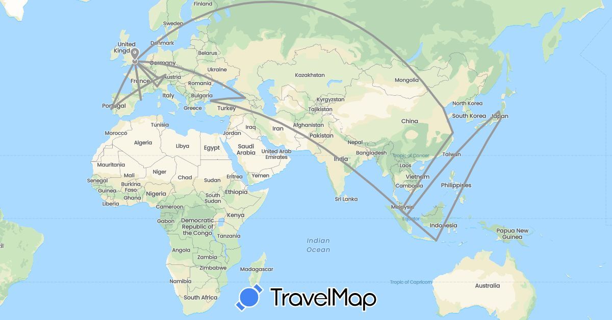 TravelMap itinerary: driving, plane in Switzerland, China, Germany, Spain, United Kingdom, Georgia, Indonesia, Italy, Japan, Malaysia, Portugal, Singapore, Turkey (Asia, Europe)